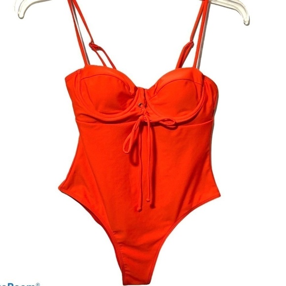 SHEIN Lifeguard Orange Bustier Tie Front Swimsuit - Picture 1 of 8